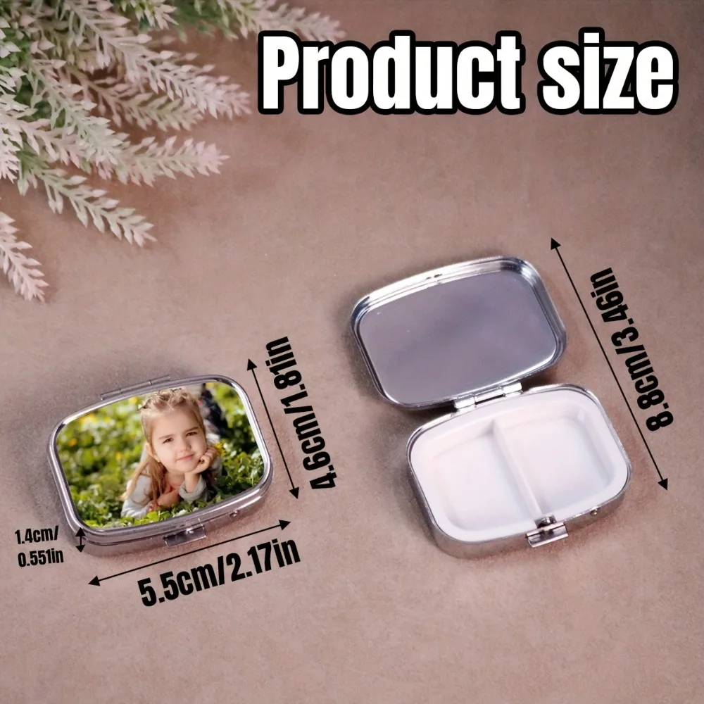 Custom Photo Pill Box 2 Compartments Mini Metal Medicine Case Portable Travel Pocket Pill Organizer Personalized Picture Vitamin