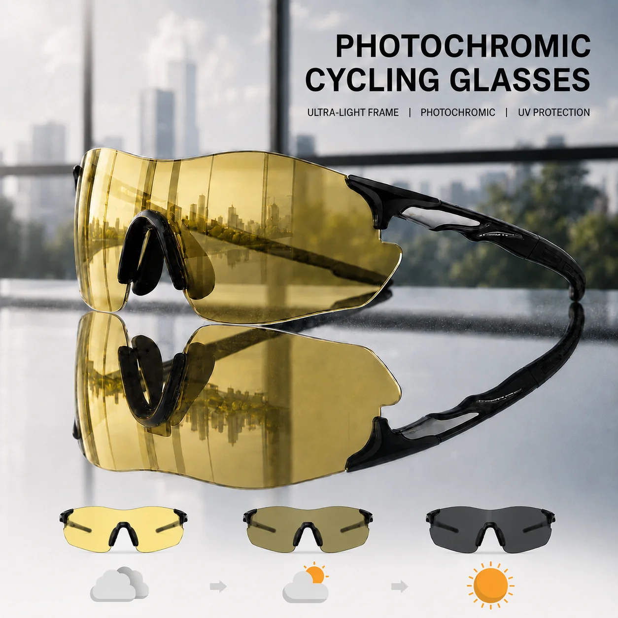 Photochrome Rahmenlose Sportsonnenbrille, UV-Schutz Radbrille für Männer und Frauen, Leichte Outdoor-Sicherheitsbrille – Detail 7