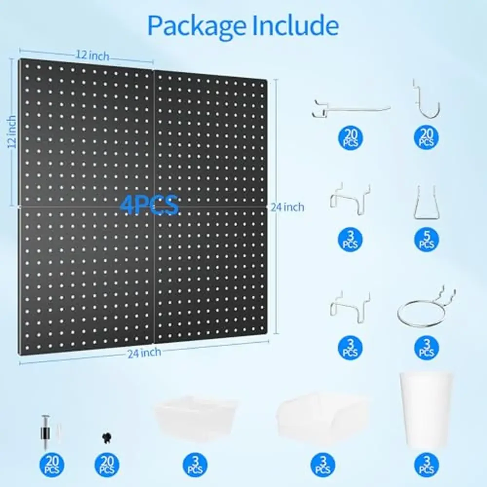 Heavy Duty Metal Pegboard Organizer Kit 78Pcs Wall Peg Board with Hooks Bins Tool Racks Black