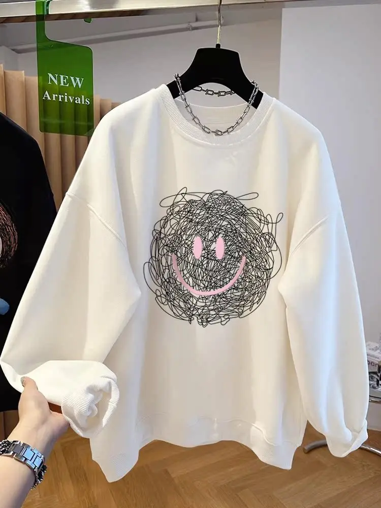 Sweat-shirt rétro américain pour femmes, grande taille 300 Pou, printemps-automne, fin, ample, petite taille, haut confortable et respirant en coton