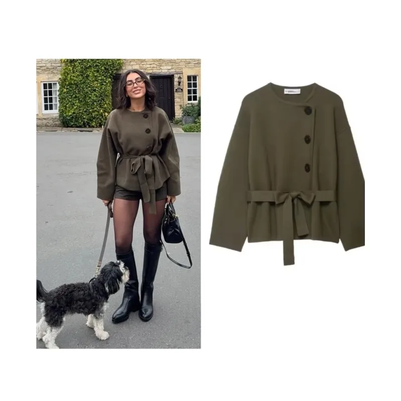 

Knitted Short Coat Jacket Women Single Breasted Autumn Casual Long Sleeve Wear a Belt O-Neck Solid Top Female Sweater