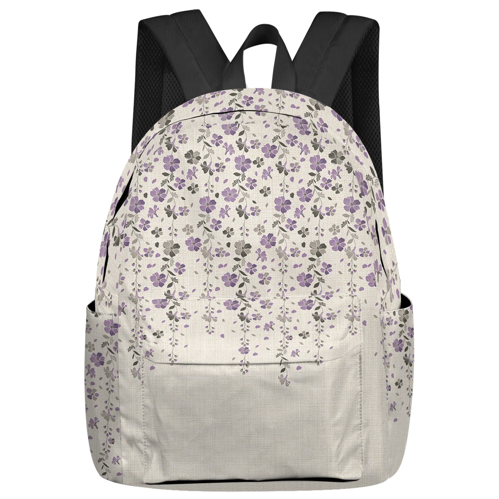 

Purple Grey Flower Cotton Linen Student School Bags Laptop Custom Backpack For Men Women Female Travel Mochila