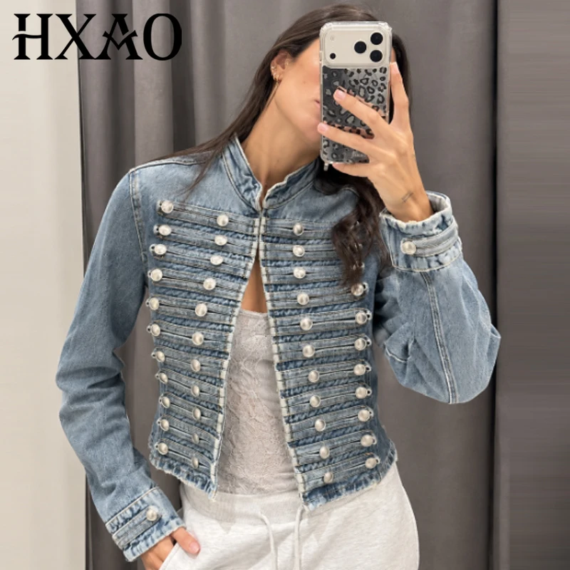 HXAO Crop Button Denim Coat Women's Jacket Demi-Season 2026 Lady Chic Blue O-Neck Long Sleeve Top Female Fitted Jean Outerwears