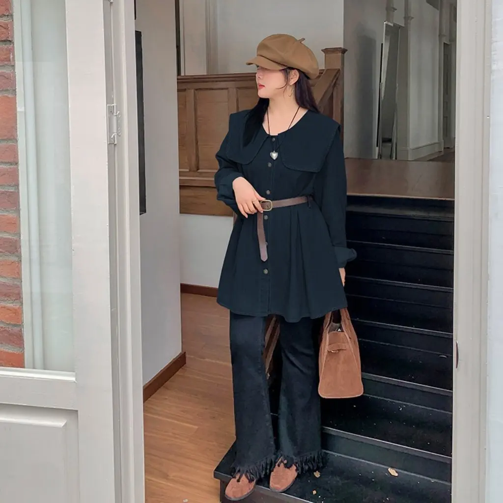 เสื้อเชิ้ตยีนส์ทรงเอวเข้ารูปสไตล์เกาหลีย้อนยุคสำหรับสาวอวบ ไซส์ใหญ่ รุ่น L177 คอลเลคชั่นฤดูใบไม้ร่วงของ Shuangtian ขายส่ง