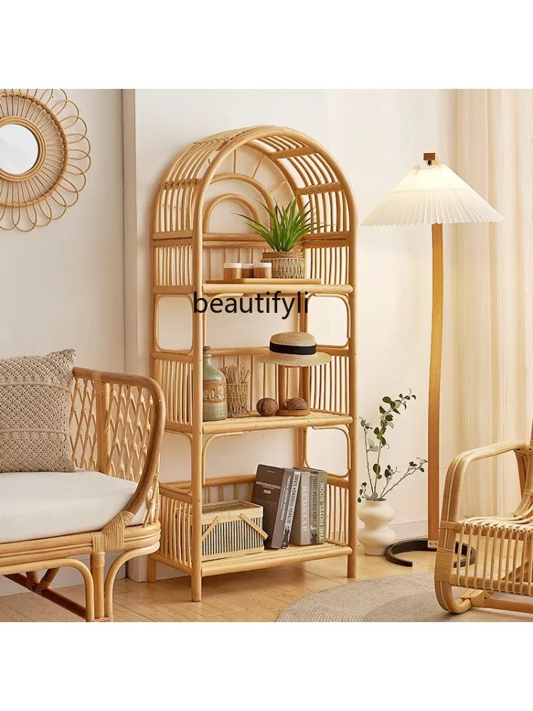 Handmade Vine Woven Shelf Sun Bookshelf Natural Indonesian Rattan Simple Storage Holder Japanese Rattan Cabinet