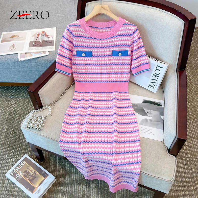 

Summer Korean Women Pink Short Sleeve Ripple Stripe Knitted Dresses Elegant Ladies Casual Black Kniting Mid-Length Dress Vestido