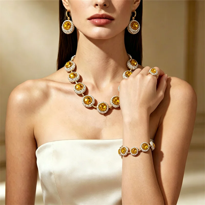New Round Crystal Rhinestone 4Pcs Necklace Earrings Bracelet Ring Luxury Bridal For Wedding Banquet Evening Party Jewellery Set