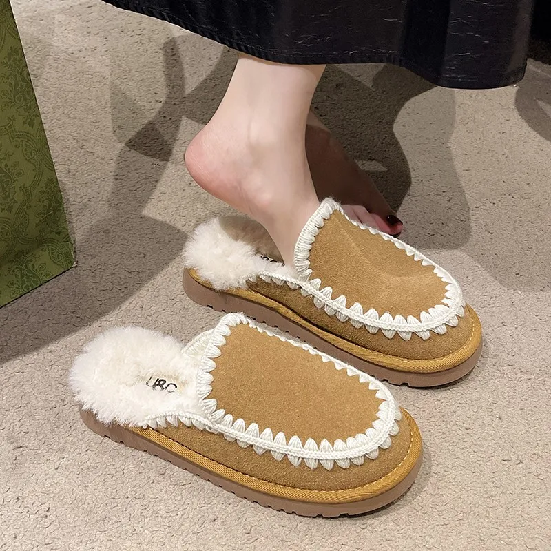 Closed Toe Warm Cotton Slippers Women Faux Fur Thicken Plush Winter Home Shoes Woman Lightweight Casual Indoor Slides Female