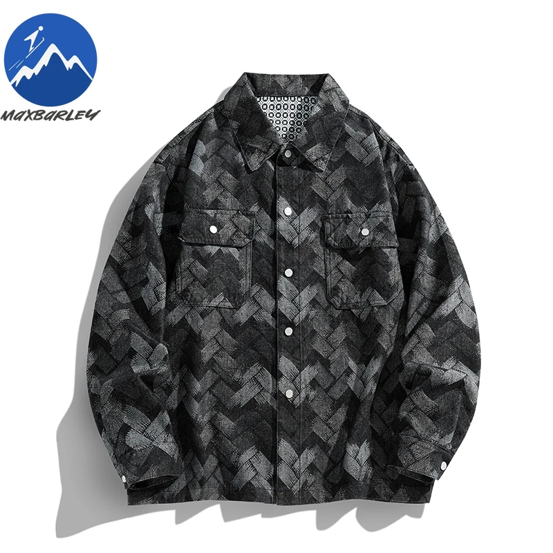 

Maxbarley Retro Denim Shirt Men 2026 American Fashion Designer Pattern Overshirt Unisex Street Hip Hop Oversized Blouses Autumn