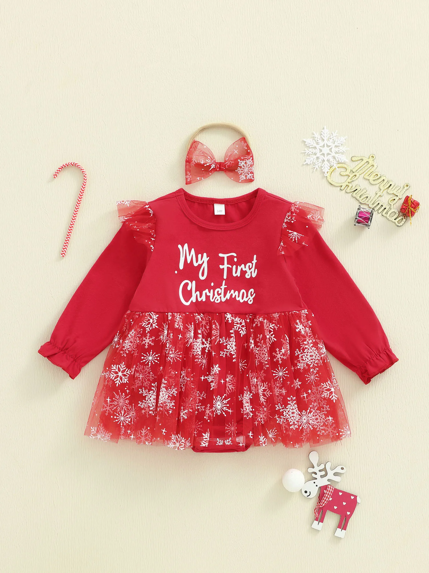 

Рождественский комбинезон для маленьких девочек, комплект с круглым вырезом, боди-пачка с длинными рукавами и повязкой на голову с бантом - праздничный наряд для младенцев