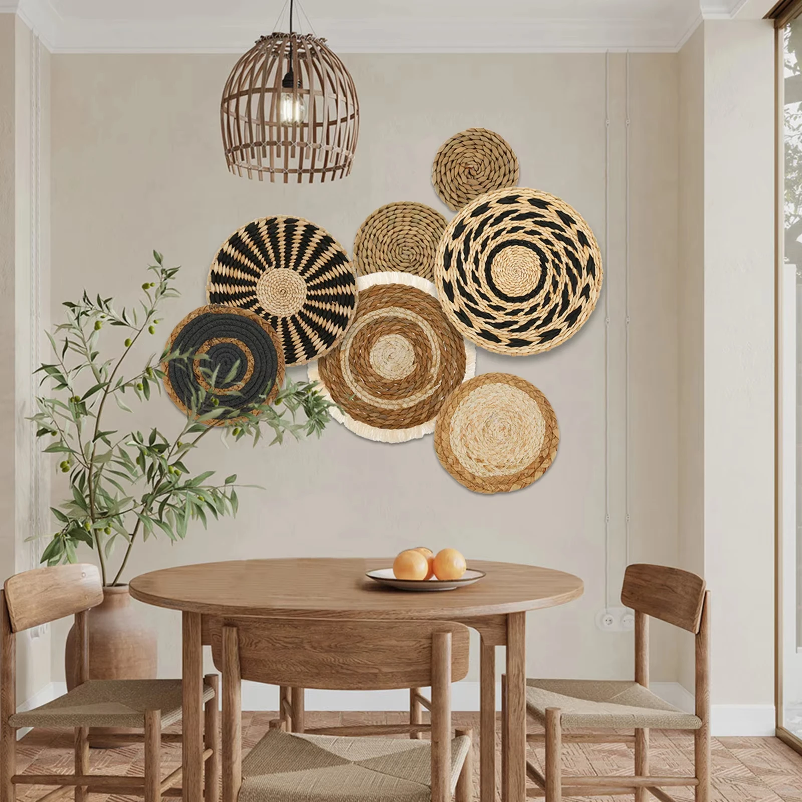 7 Pack Boho Hanging Wall Basket Decor - Handwoven Seagrass Rattan Wicker Round Wall Art for Living Room/Bedroom Decor - Detail 1