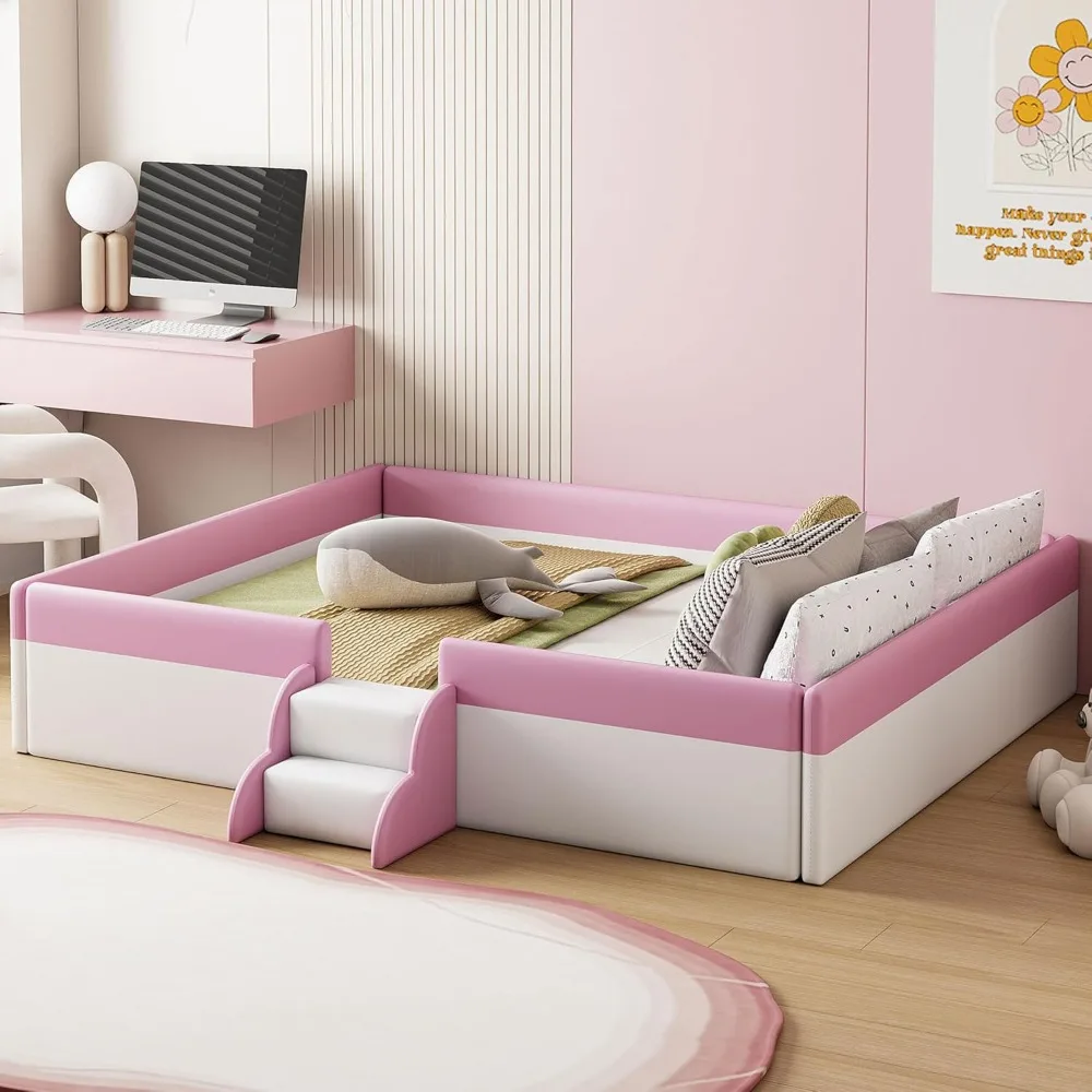 

PU Upholstered Floor Bed with Fence and Stairs, Queen Floor Bed with Slats, Montessori Floor Bed for Kids Children Beds