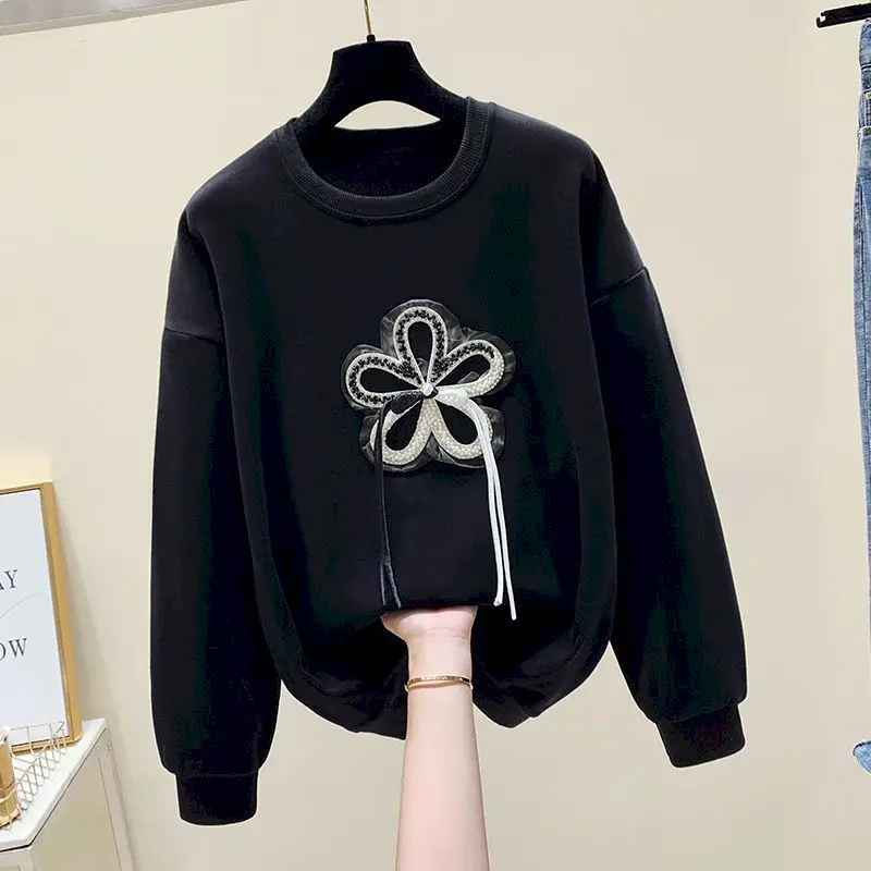 98% Cotton Pullovers Women Fashion Flower Design Pullover Korean Style Long Sleeve Tops Casual Loose O-neck Sweatshirt Autumn