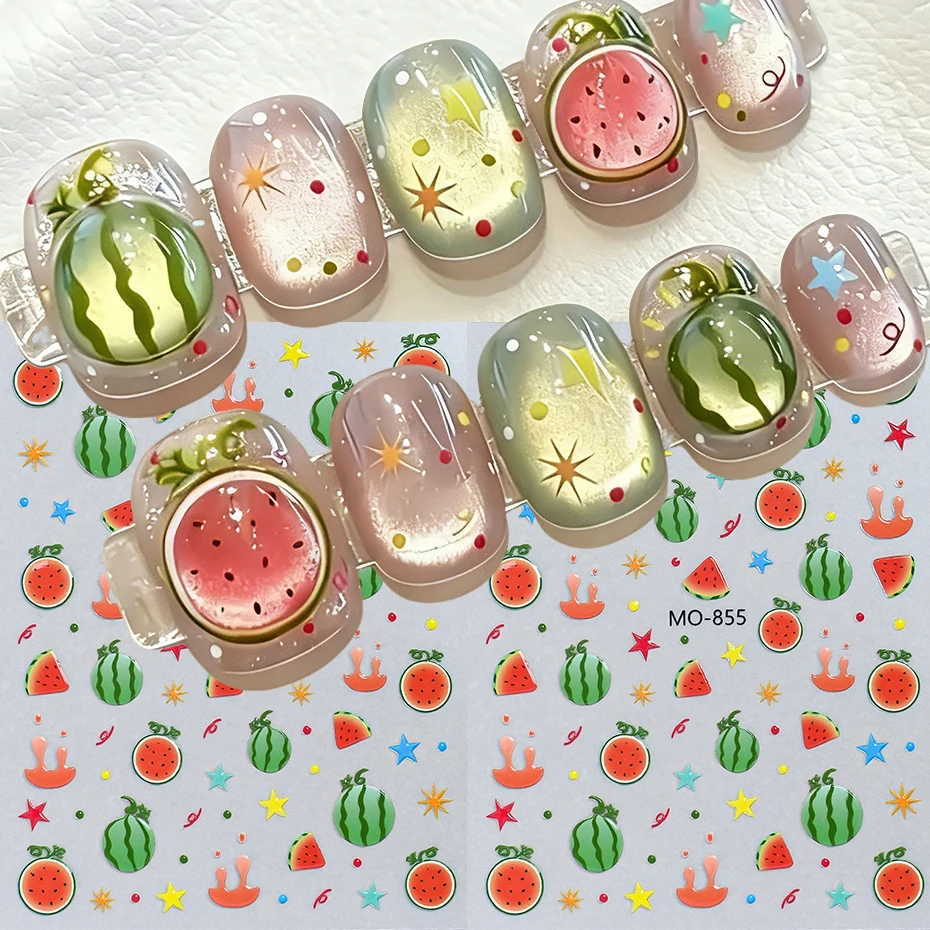 2 Stück Wassermelonen-Nagelkunst-Aufkleber, niedliche Sommerfrucht-Nagelaufkleber, Wassermelonen-Scheiben, Stern-Designs, Aufkleber, Nageldekorationen, Maniküre