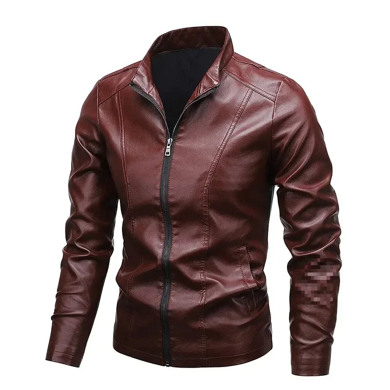 

Мужская кожаная куртка Slim Fit с воротником-стойкой, повседневная верхняя одежда в корейском стиле, весенне-осенняя мужская куртка, байкерские пальто, уличная мода для мужчин