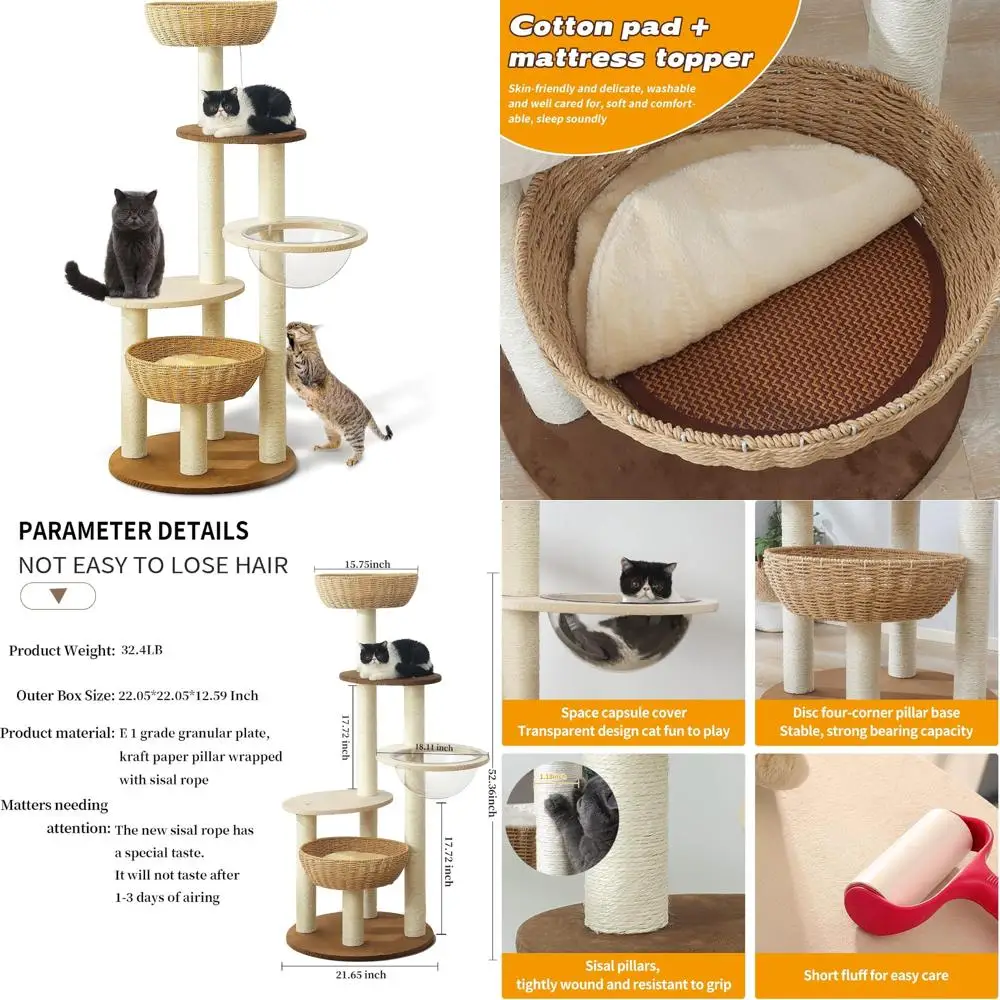 

Elegant Natural Sisal Cat Tower for Large Felines, Handcrafted Wooden Cat Condo, Indoor Scratching and Climbing Center