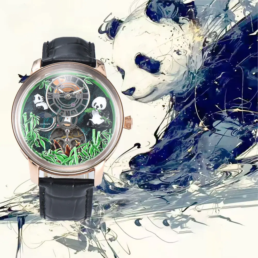Reloj personalizado para hombre de 46mm Panda Edición especial reloj automático de negocios resistente al agua 5Bar correa de cuero de vidrio mineral
