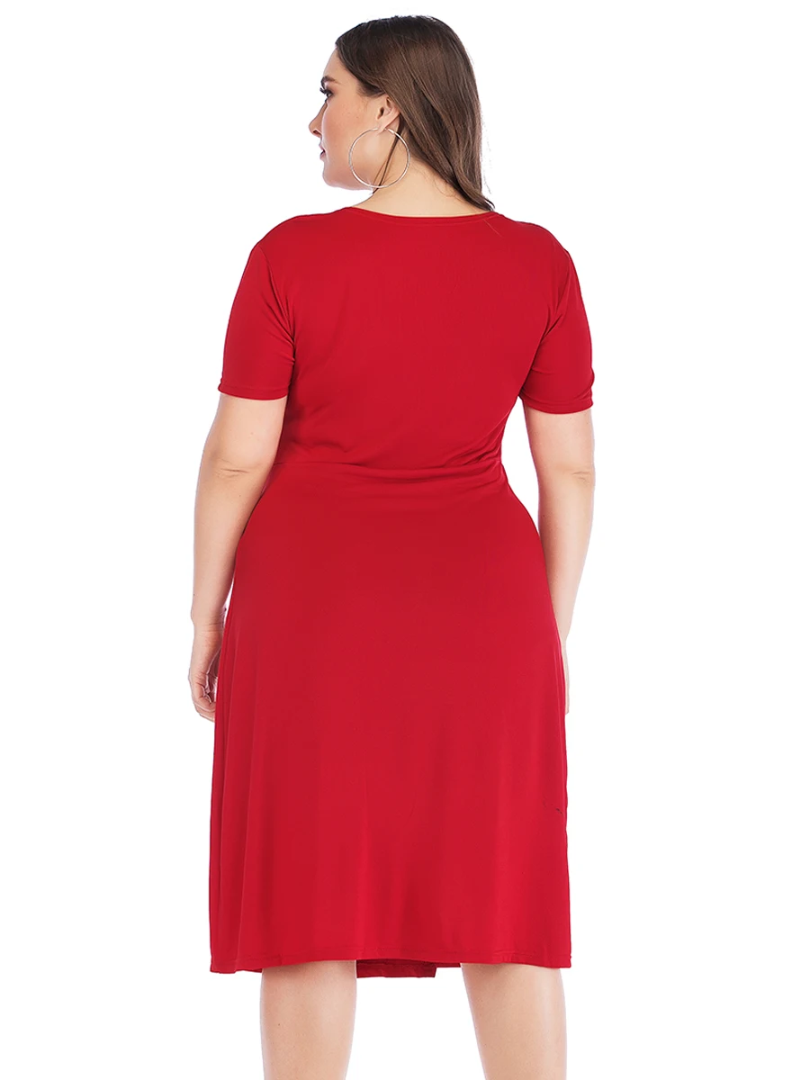 Plus Size Dress Woman Summer V Neck Short Sleeve Solid Casual Dress High Waist Red Midi Dress Curvy Size Odzież damska