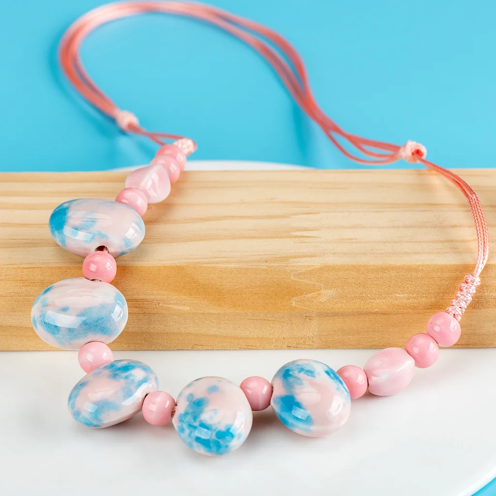 Blue Pink Cobblestone Shape Ceramic Bohemia Bead Necklace Pendant Vintage Necklaces Classic Style Jewelry #2584