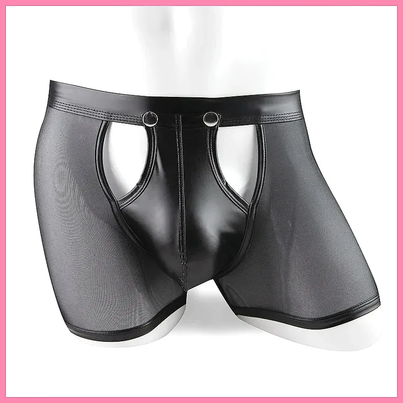 

Men's Mesh Underwear with Detachable Buckle, Open Front & Hollow Crotch - Breathable Faux Leather Boxers