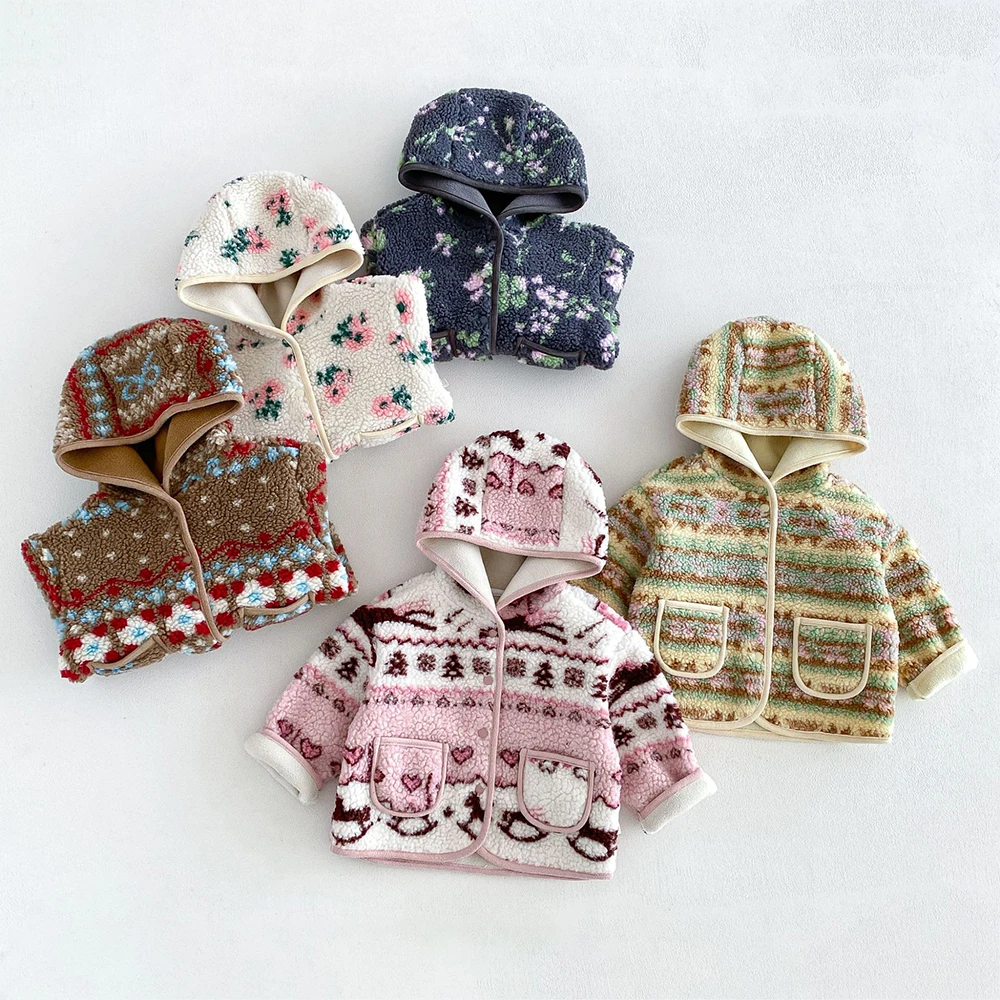 Wholesale Kids' Outerwear and Coats 1-6T Polar Fleece Jacket for Girls Winter Warm Children's Jacket Thicken Kids Hooded Top