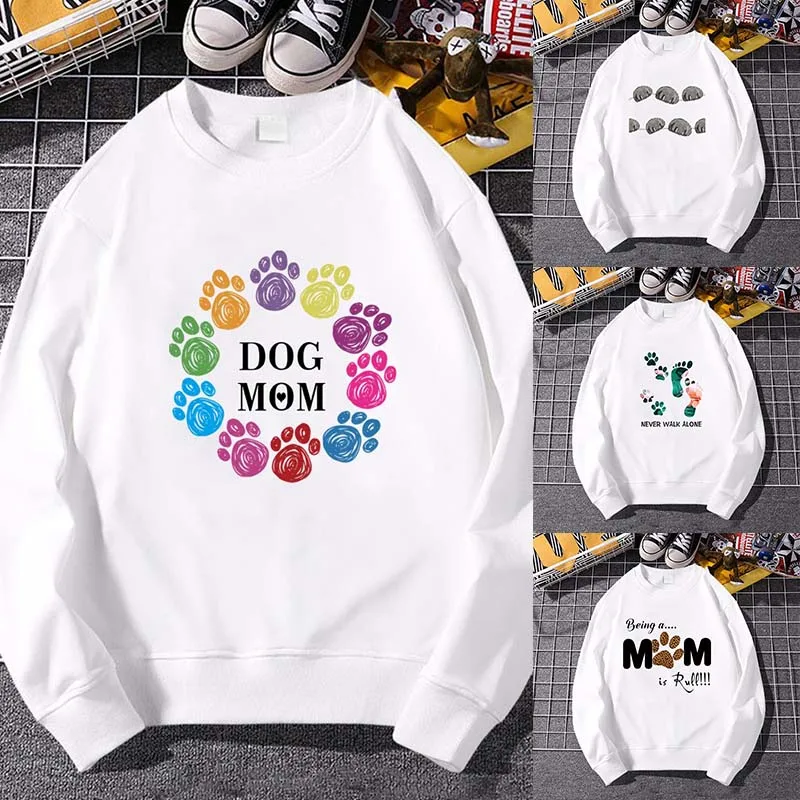 Harajuku Hooded Sweatshirts Women Menspring Autumn Loose Footprints Print Round Neck Long Sleeve Top Clothes Pullover Streetwear