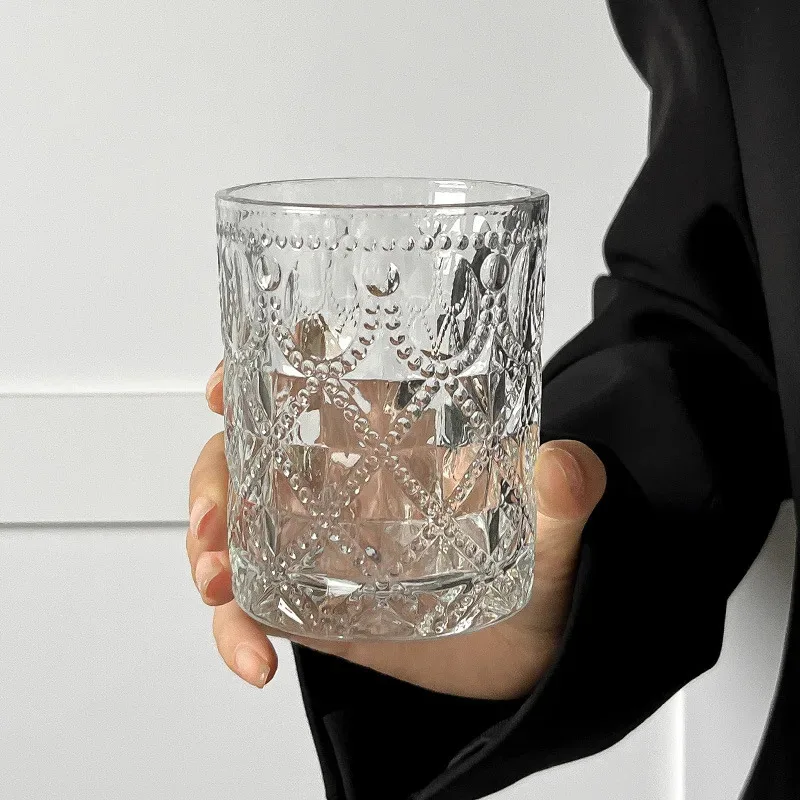 

TOPLIVING 2pcs 12.4oz 360ml Nordic Style Retro Relief Glass Cup Restaurant Large Capacity Milk Juice Glasses Transparent Cocktai