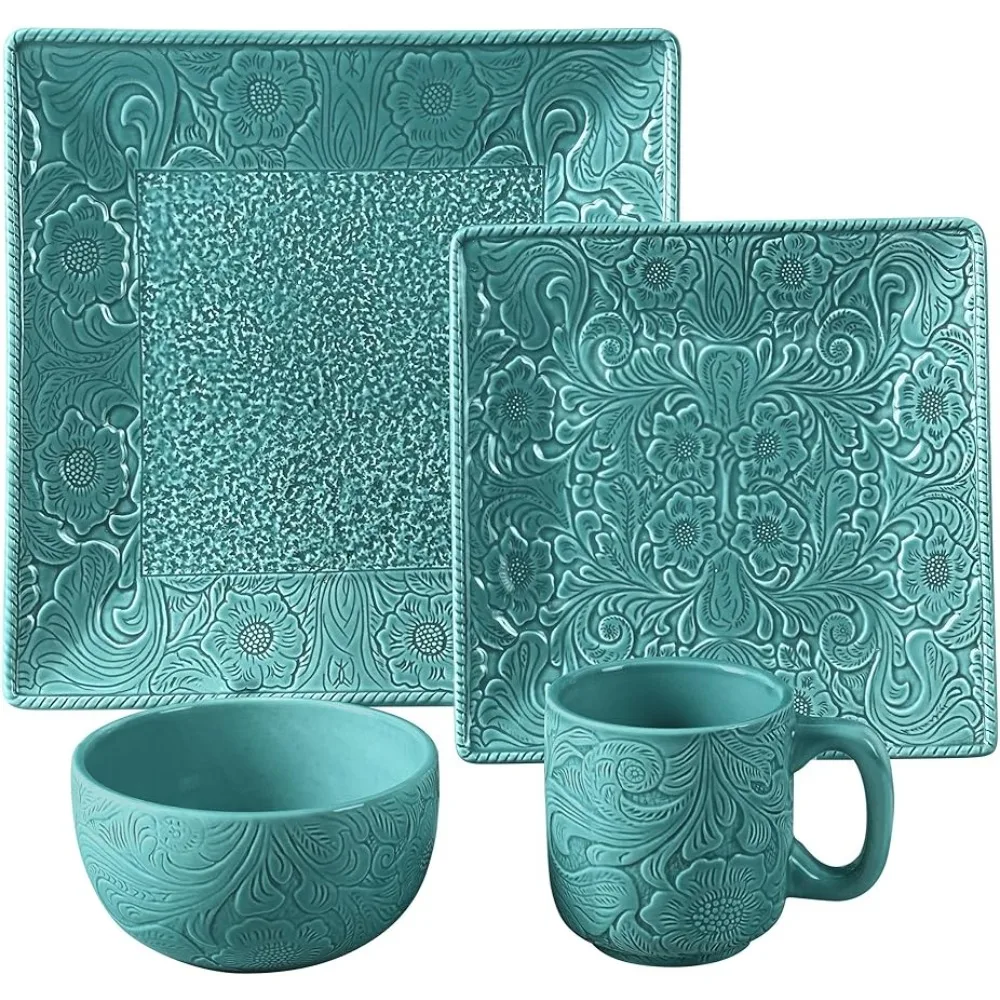 

Bowls Ceramic Dishes to Eat Turquoise Tooled Leather Floral Pattern Small Ceramic Bowl Modern Rustic Western Style Mugs Set