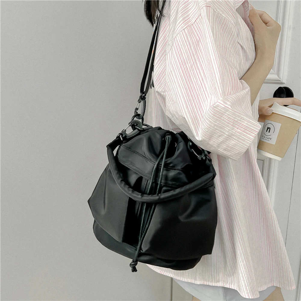 New Nylon String Bucket Bags Korean Style Drawstring Soft Crossbody Bag Large Capacity Casual Shoulder Bag Fashion Women's Bag