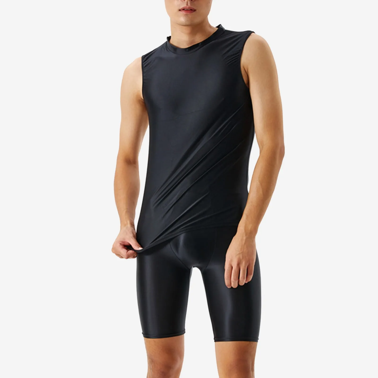 Męski, błyszczący garnitur, seksowny, jedwabisty, przezroczysty zestaw spodni i kamizelki, do kulturystyki. Prezent na Wielkanoc dla męża