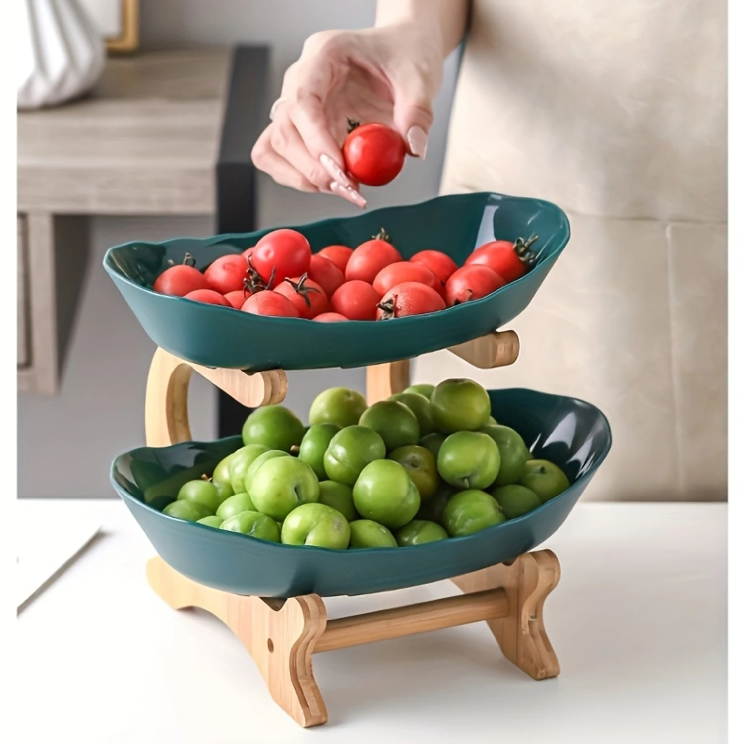 Nordic Creative Drop resistant Plastic Fruit Plate Wooden Frame Iron Frame Three Layer Fruit Plate Living Room Fruit Pot