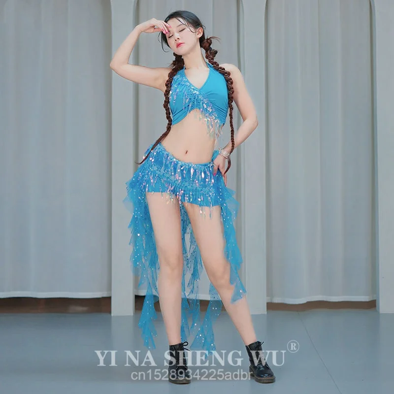 Conjunto de cinturón y sujetador con mariposa para danza del vientre, falda hasta la cadera con flecos de lentejuelas latinas, traje de fiesta Sexy con borlas puesta en escena