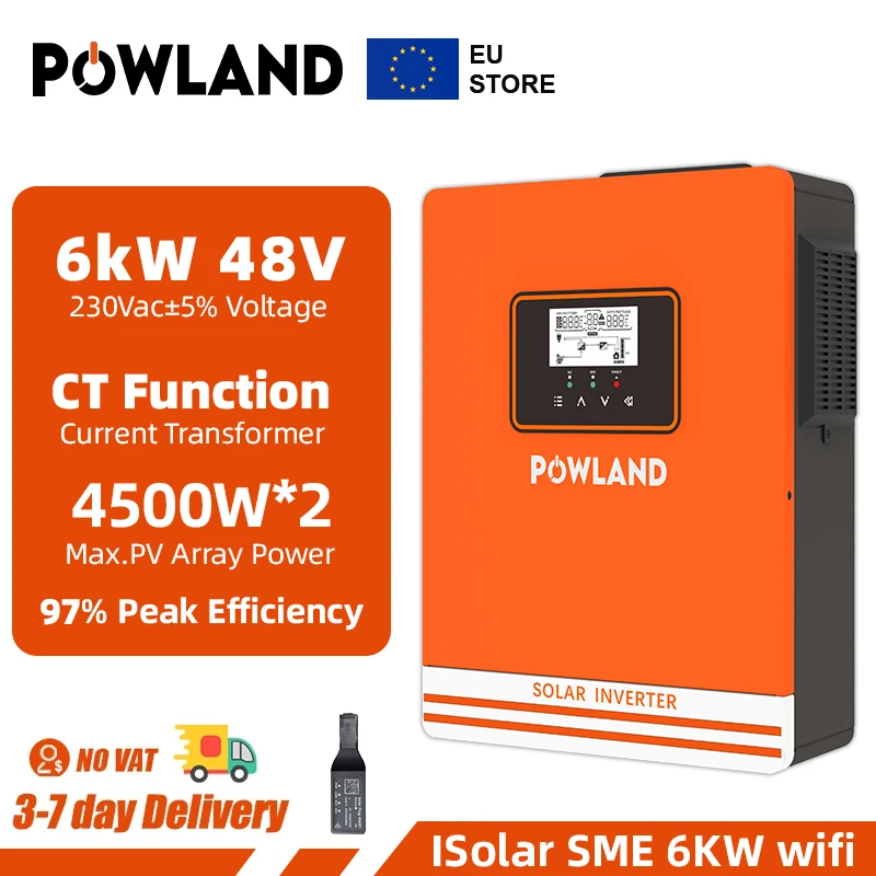 POWLAND 6000W 220V MPPT Omvormer Max. 4500W*2 60V-450V PV-ingang 50Hz Zuivere sinusomvormer met CT-functie Inclusief WIFI