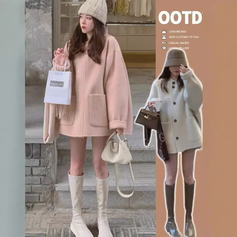 

Cloak Woolen Coat Women's Autumn and Winter New Hooded Solid Color Mid-Length Pink Cute Woolen Coat for Women