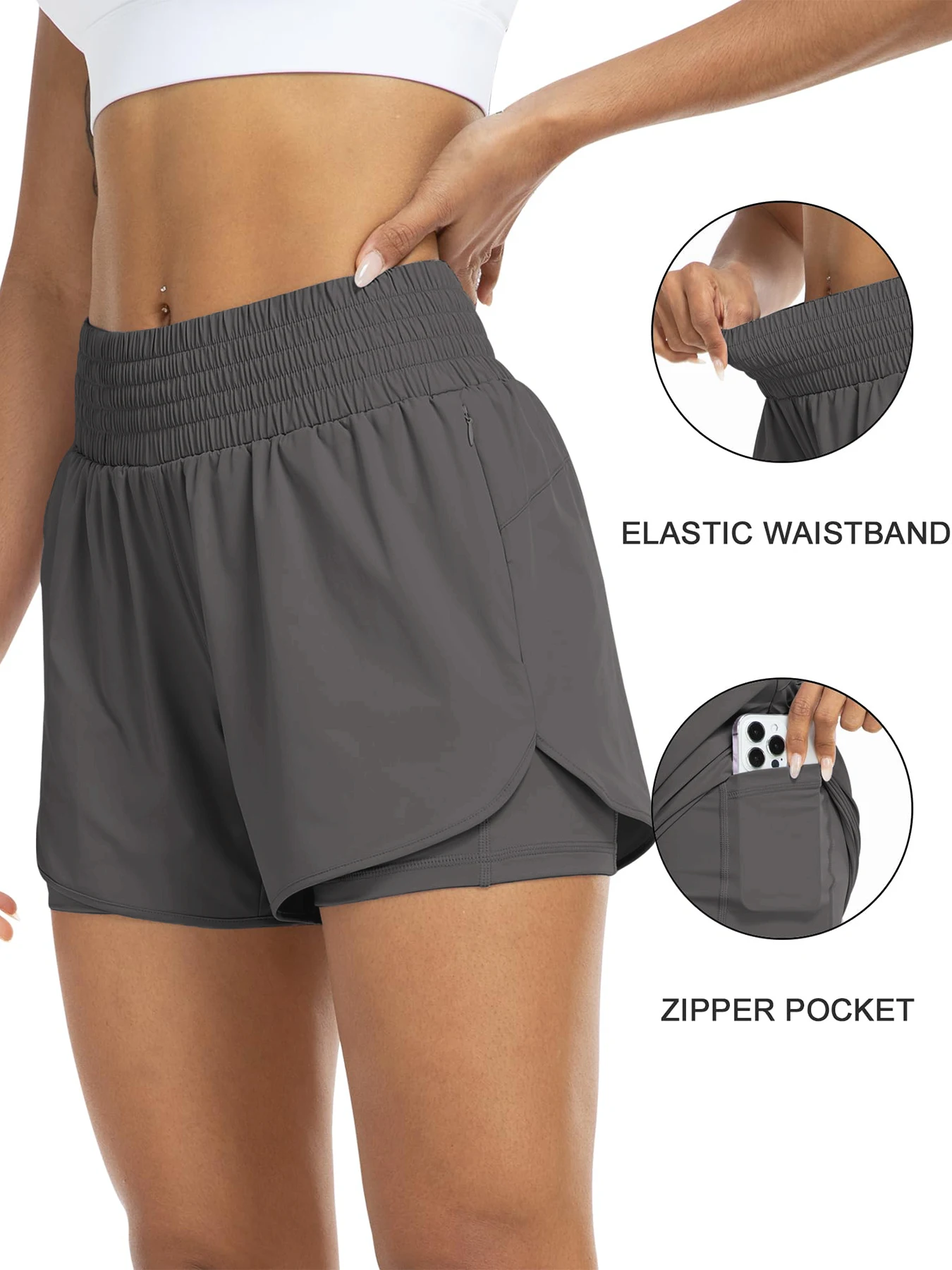 Dames atletische shorts met hoge taille voor hardlopen, yoga, gelaagd ontwerp, anti-blootstelling, fitness en training met zakken - afbeelding 2