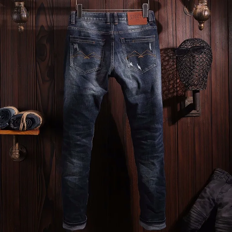 Fashion Designer Men Jeans Retro Black Blue Elastic Slim Ripped Jeans Men Embroidery Patched Vintage Trousers Denim Pants Hombre