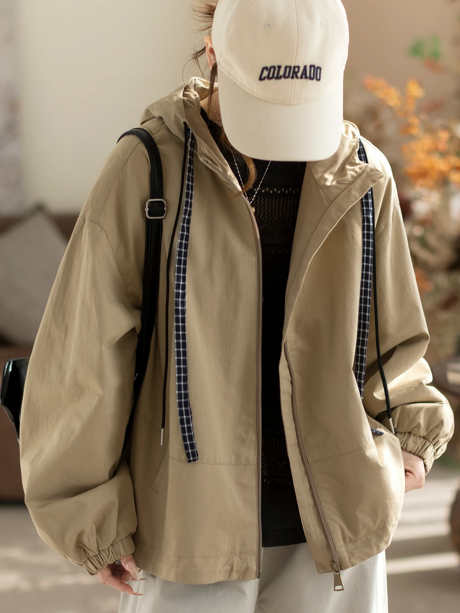 

Camiyu Retro Cotton Hooded Jacket Women's Loose Open Cardigan Style Anti-Aging Casual Fashion Spring Season Color