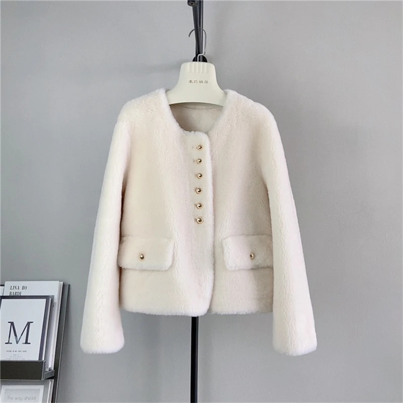 Lady Girl Pure Wool Fall and Winter Buttons Short Round Neck Jacket Female Sheep Shearling New Elegant Warm Coat  PT472