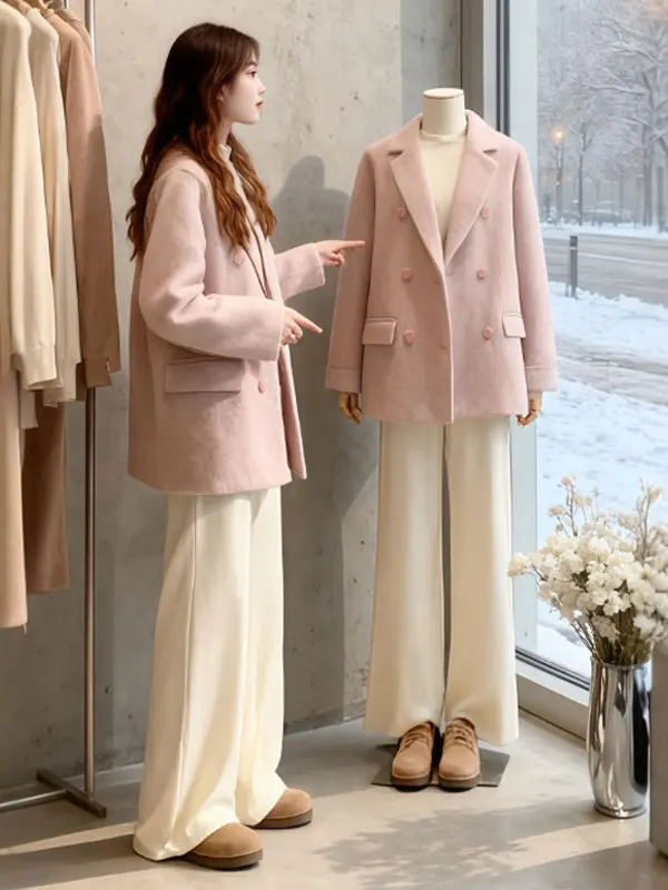 

Корейское мягкое шерстяное пальто средней длины свободного кроя розового цвета, маленький размер, зимнее модное женское пальто Aosphere