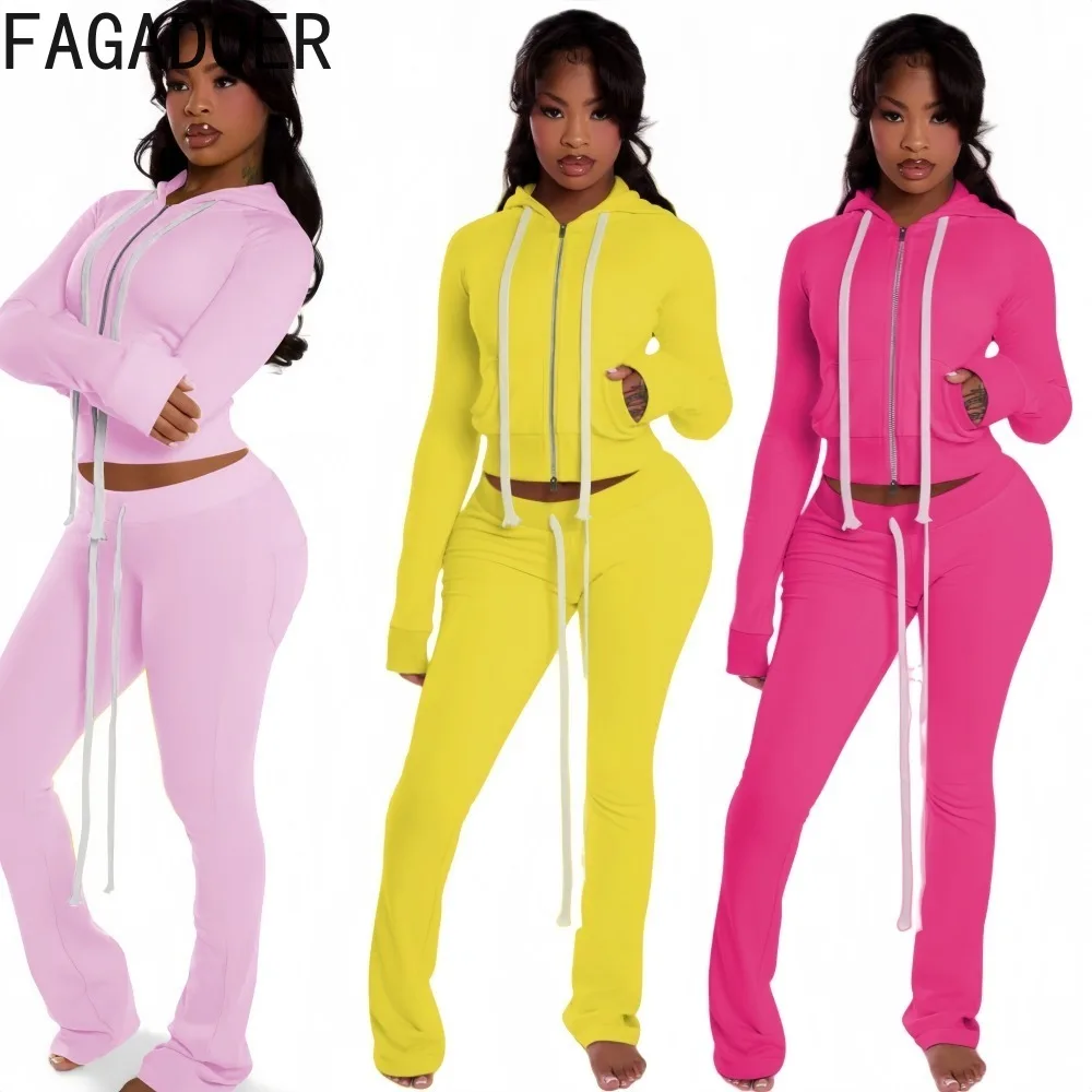 

FAGADOER Casual Sporty Velvet 2 Pieces Set for Woman Zip Long Sleeve Drawstring Hooded Top and Pants Outfits Female Streetwear