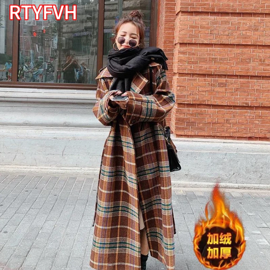 

2024 Autumn And Winter New Temperament Retro Simple Medium And Long Loose Plaid Belt All-match Woolen Coat Women's Trend