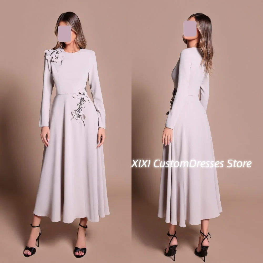 

Свадебное платье на заказ А-силуэта с овальным вырезом Женские вечерние платья длиной до пола с цветами на молнии с длинными рукавами для выпускного вечера Dre