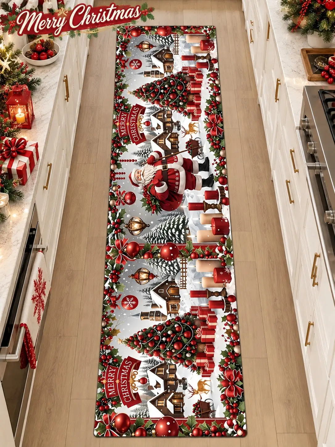Christmas Aisle Runners Santa Claus Tree Snow Village Present Boxes Ornaments Runner Rugs Hallway Kitchen Entryway Bedroom Living Room Long Carpet Laundry Corridor Porch Bathroom Floor Mat Home Decor Anniversary Birthday Gifts for Family Friends