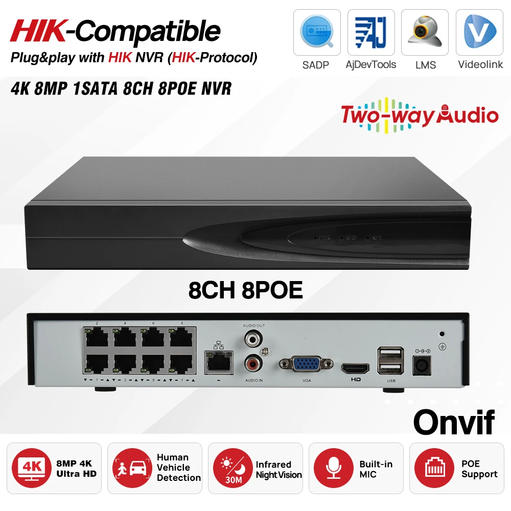 8MP Security CCTV Security System PG108H-8P 8ch 8POE With Hard Disk Network Video Recorder Support Two Way Communication Onvif