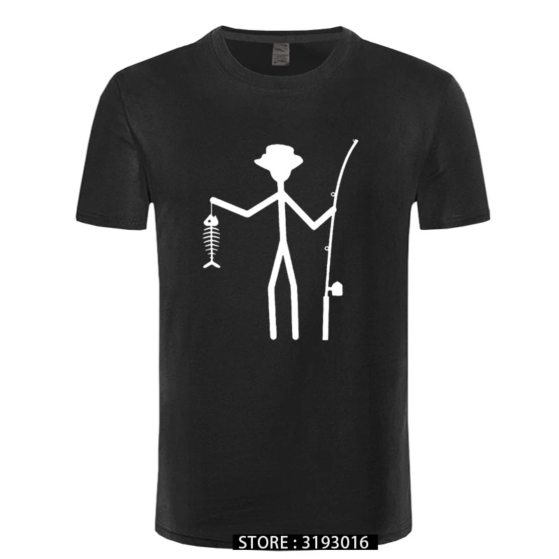 Cool Funny T-Shirt Men High Quality Tees Men\'s Fisherman Stick Figure Holding Fish Bones Cotton Short Sleeve T Shirts