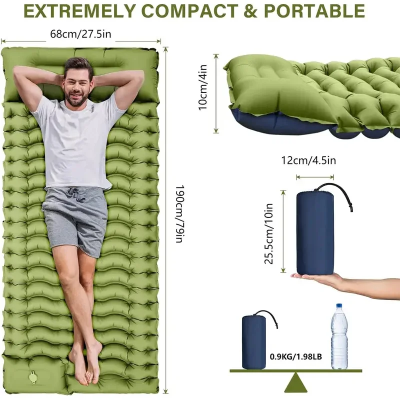 

Outdoor camping super thick 4-inch inflatable sleeping mat with built-in pillow and pump air mat for travel hiking climbing