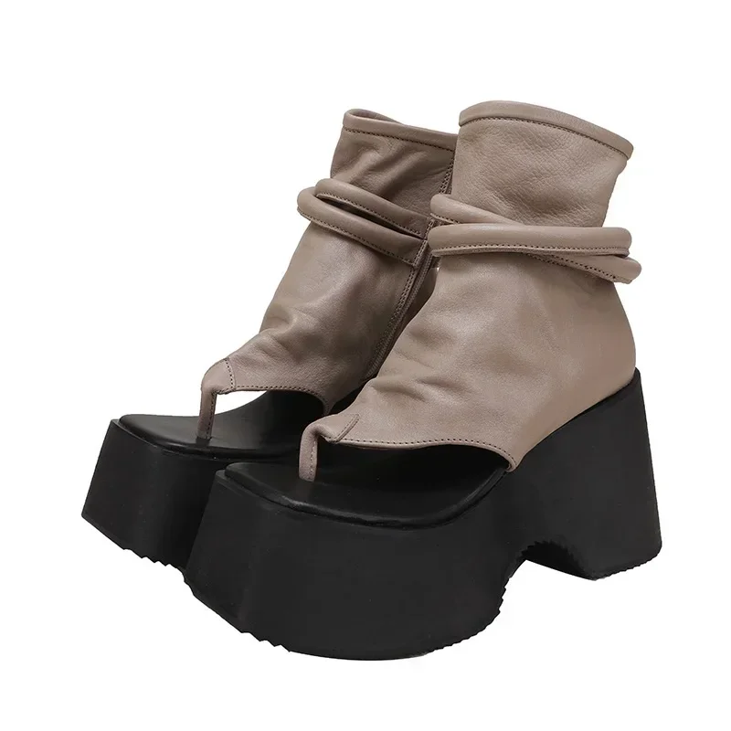 Summer New Slim Wedges Platform Flip Flops Sewing Cut Out Narrow Band Genuine Leather Women Ankle Short Gladiator Boots - view 6