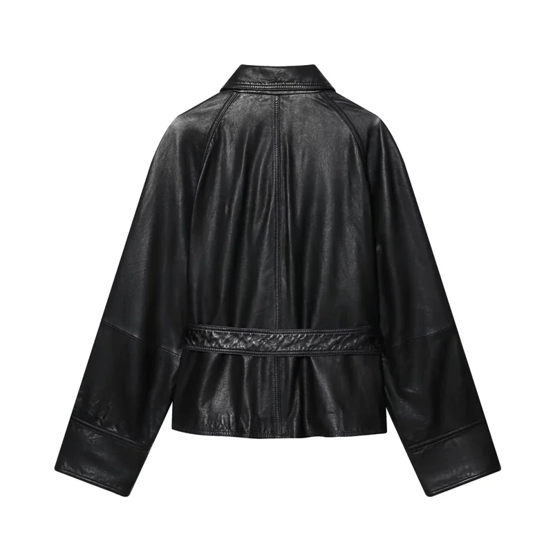 With Belt - Lapel Collar, Over sized Style, Vintage Inspired Motorcycle Coat Women's Black Leather Jacket