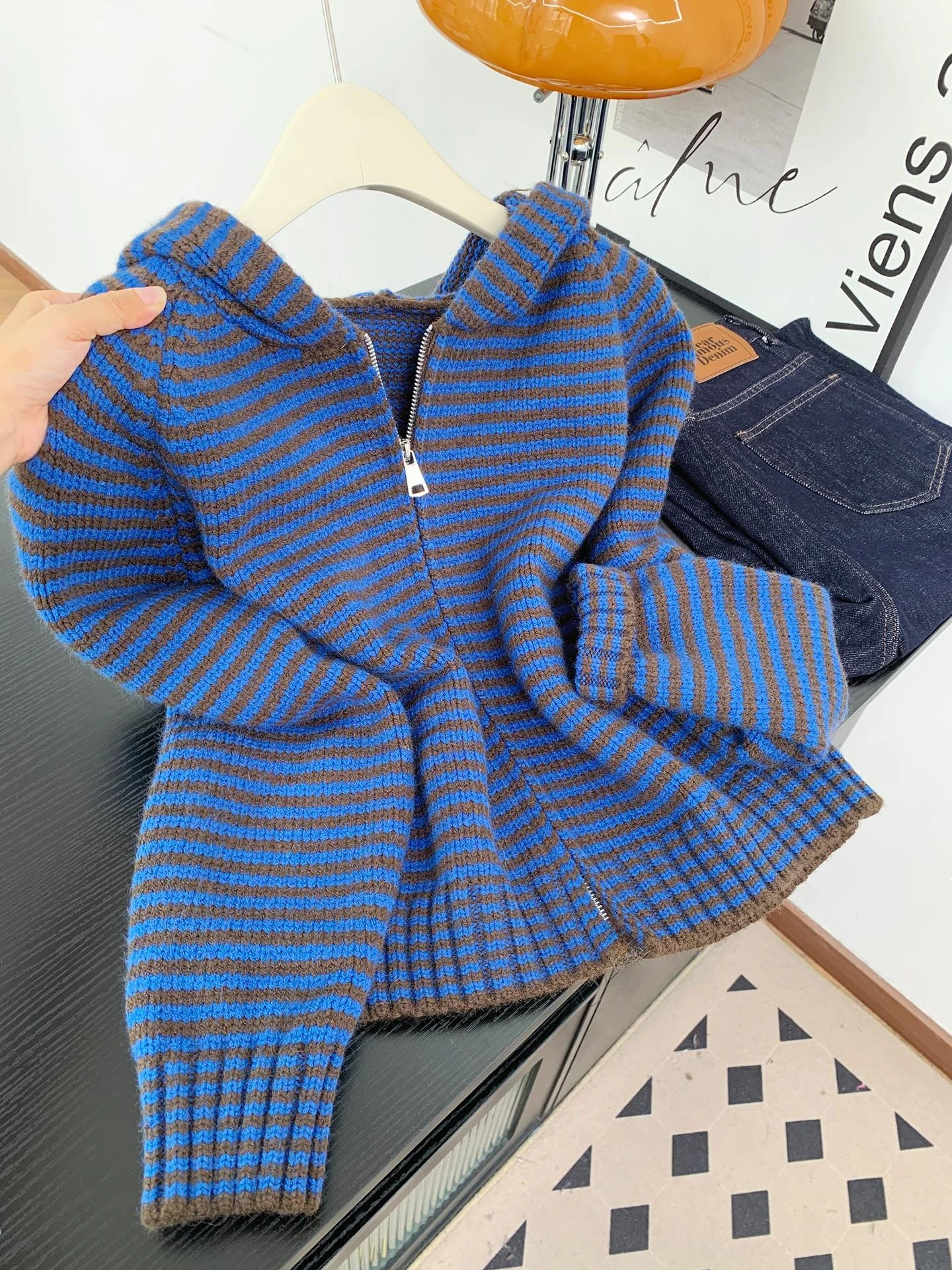 

Chic Striped Hooded Open Cardigan Sweater Women's Autumn Winter Soft Cozy ort Knitted Top Trendy Design Sense Color Blo