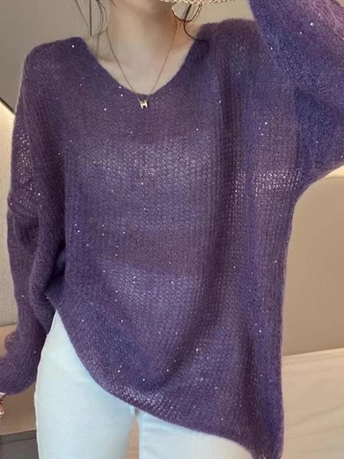 

Extra Large 300 Pou Soft Knitted Camere European Sle Beaded Sweater Women Long Sve Autumn Winter Loose Top